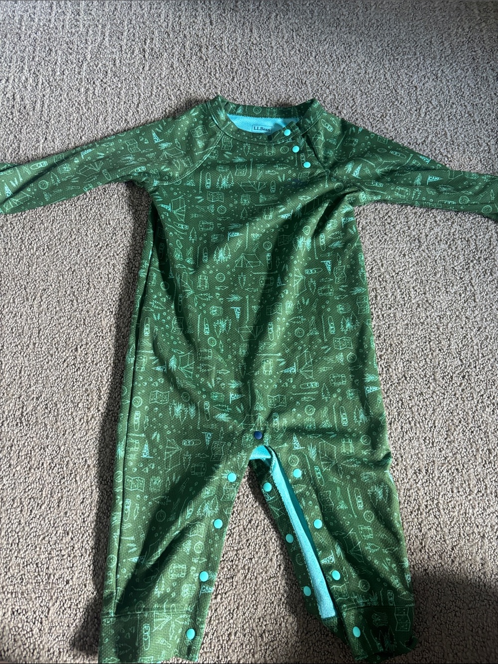 L.L. Bean 
Green Printed Baby One-Piece with Turquoise Snap Accents
